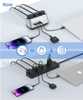 Heavy Duty Desk Power Hub Delivering 100W Fast Usb C Charging With Three Wide Ac Outlets And A Slim Five Foot Flat Cable Perfect For Clutter Free Dorm Rigs And Remote Office Setups Finished In Matte Grey on a desk with devices.