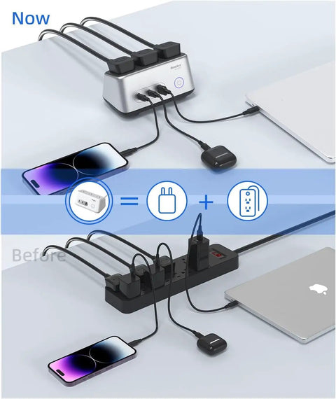 Heavy Duty Desk Power Hub Delivering 100W Fast Usb C Charging With Three Wide Ac Outlets And A Slim Five Foot Flat Cable Perfect For Clutter Free Dorm Rigs And Remote Office Setups Finished In Matte Grey on a desk with devices.