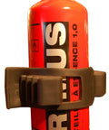 Quick Fist Clamp For Vehicle Mounts Fits Two And Three Quarters To Three And One Quarter Inch Diameter Heavy Duty Rubber UV Resistant Fifty Pound Hold Ideal For Off Road And Emergency Vehicles Black securing a red bottle
