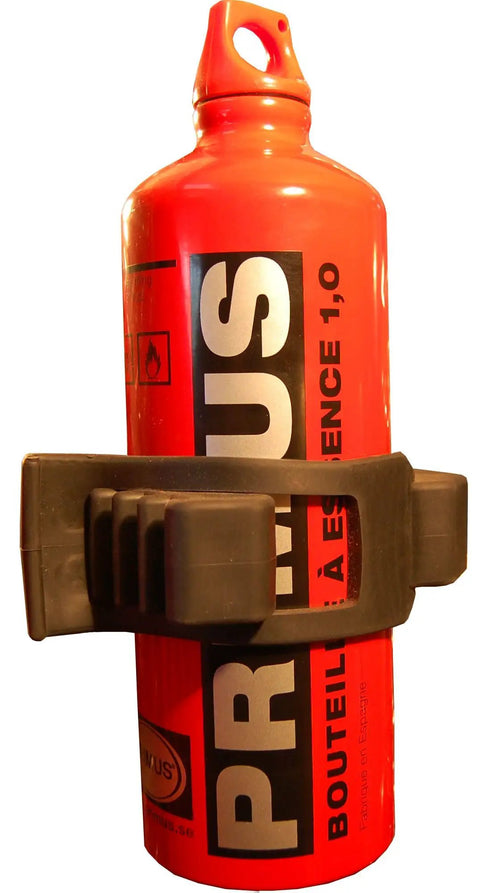 Quick Fist Clamp For Vehicle Mounts Fits Two And Three Quarters To Three And One Quarter Inch Diameter Heavy Duty Rubber UV Resistant Fifty Pound Hold Ideal For Off Road And Emergency Vehicles Black securing a red bottle