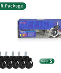 Heavy Duty Office Chair Caster Wheels With Threaded Stem Three Eighths 16X1, Set of 5 rubber casters packaging shown.