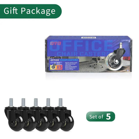 Heavy Duty Office Chair Caster Wheels With Threaded Stem Three Eighths 16X1, Set of 5 rubber casters packaging shown.