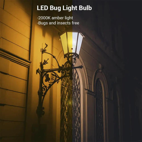 Outdoor lamp with Dusk To Dawn Amber LED Outdoor Bulbs With Built In Sensor 2000K Warm Glow shown at night, illuminating a building.