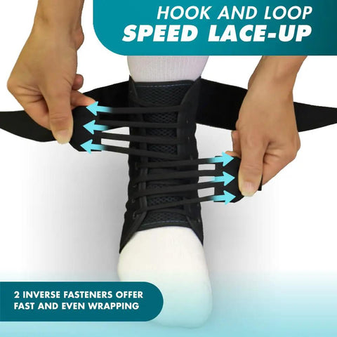 Speed Lacer Ankle Brace With Quick Pull Hook And Loop Closure Delivers Fast Even Compression For Sprained Ankles and Peroneal Tendonitis Orthopedic Ankle Support For Men Women Adults Teens And Kids Black Large being laced up