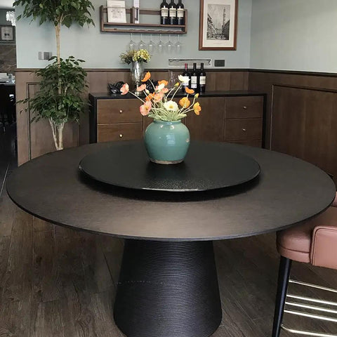 Tempered Glass Serving Turntable Lazy Susan Round Rotating Tray Beefy Heavy Duty Black Display on dining table.