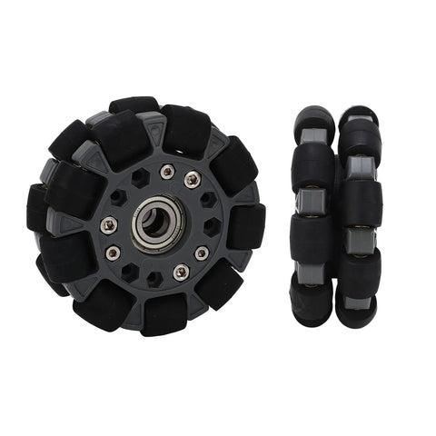Amazon robot omniwheel tire, 100 mm wheel with black roller segments around a gray hub, front view