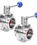 Two 2-inch tri-clamp sanitary butterfly valves with blue pull handles in stainless steel 304, front view