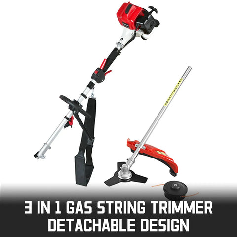Gas Powered Weed Wacker 25.4cc 2 Cycle String Trimmer And Edger With 16 Inch Cutting Swath And 10 Inch Brush Cutter Blade displayed