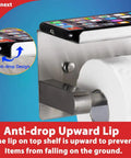 Adhesive Toilet Paper Holder With Shelf In SUS304 Stainless Steel Mega Roll Dispenser showing anti-drop lip design