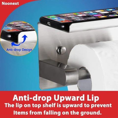 Adhesive Toilet Paper Holder With Shelf In SUS304 Stainless Steel Mega Roll Dispenser showing anti-drop lip design