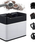 Hustle Free Automatic Puck Shooter Knock Box with black and white design, includes brushes and accessories for coffee residue.