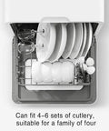Pretty Slick Portable Automatic Countertop Dishwasher With Dual Overhead Spray Built In Water Tank And Air Dry Cycle holding plates and cutlery.