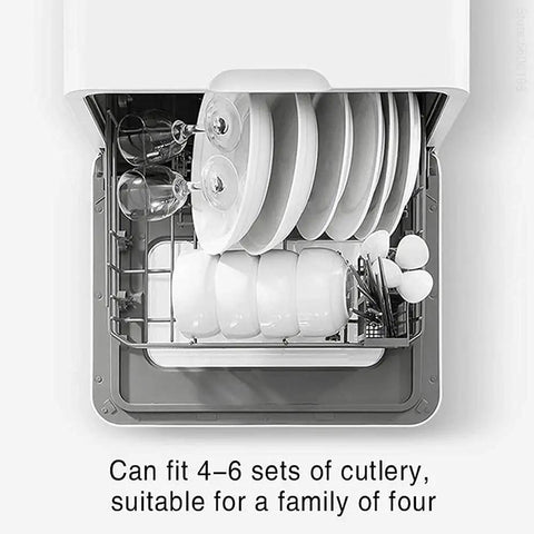Pretty Slick Portable Automatic Countertop Dishwasher With Dual Overhead Spray Built In Water Tank And Air Dry Cycle holding plates and cutlery.