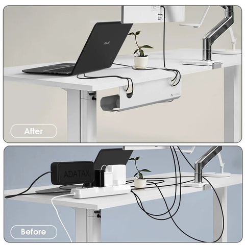 Under Desk Cable Management Tray With 3M VHB Tape, Slim Steel Wire Organizer in white organizing cables on desk before and after