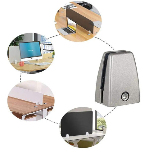 Rock Solid Aluminum Desk Partition Clamps 20 Pack Featuring Sleek Silver Finish locks wood or glass panels up to half inch, detailed view of clamp.