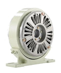Electromagnetic powder brake with base; round housing with radial fins and mounting feet, front view.