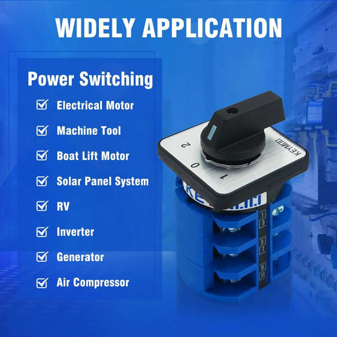 63A Heavy Duty Rotary Changeover Switch With Three NO And Three NC Two Way Three Position Three Phase Twelve Terminals 660V Universal Power Selector displayed with applications list.