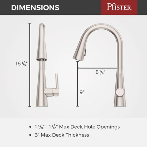Barulli Kitchen Faucet With Pull Down Sprayer And Soap Dispenser, Single Handle, dimensions and design illustrations.