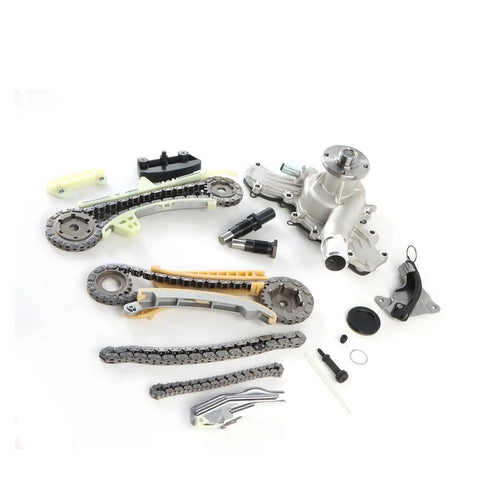 Premium Timing Chain Kit With Gears Plus Water Pump Replacement For 4.0L SOHC V6 Engines In Mazda And Mercury Cars Built Tough With Alloy To Last Miles Without Fail. alloy timing chain kit with gears and water pump, laid out on white background