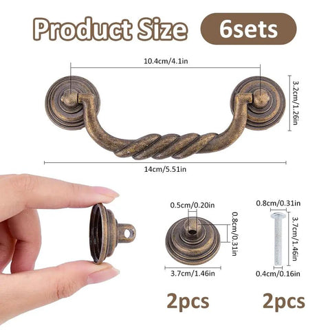 Six Pack Drop Bail Drawer Handles 4.72 Inch Center Hole Vintage Antique Bronze Cabinet Pulls with screws and dimensions shown