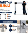 Portable Aluminum Gantry Crane With 4400 Lb Capacity Adjustable Height And Width Tuned For Low Ceilings shown at 4.4 ft with quick-release pin.