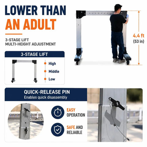 Portable Aluminum Gantry Crane With 4400 Lb Capacity Adjustable Height And Width Tuned For Low Ceilings shown at 4.4 ft with quick-release pin.