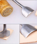 Arc Shaped Leather Punch Set For Belts Wallets And Bags, 7 Piece Cutter Tools in use on leather with half-round edge for clean cuts