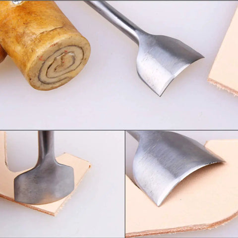 Arc Shaped Leather Punch Set For Belts Wallets And Bags, 7 Piece Cutter Tools in use on leather with half-round edge for clean cuts