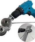 Heavy Duty Electric Drill Metal Cutter Attachment Nibbler Shear Tool for Sheet Metal Works mounted on a drill with cutting mechanism.