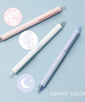 Gel Pens Set Cute Stationery Trio With 0.5mm Fine Point Quick Dry Ink For Journaling And Aesthetic Office Vibes Two Black And One Coral Ink Smooth Write No Skip No Bleed, pastel gel pens with floral and moon designs