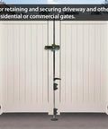 Lockable Security Drop Bolt for wood and vinyl gates, 24-inch length, shown installed on a white gate for driveway security.