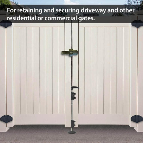 Lockable Security Drop Bolt for wood and vinyl gates, 24-inch length, shown installed on a white gate for driveway security.