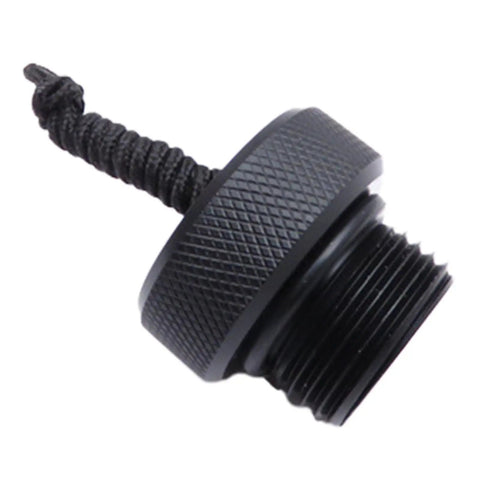 DIN Tank Valve Dust Plug Cap Protector End Cap With Cord for Scuba Diving, close-up on black threaded design.