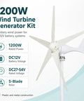 Powerful 1200W Wind Turbine Generator Kit For Home Use With 5 Blade System, DC12V battery support, and plastic-metal build visible