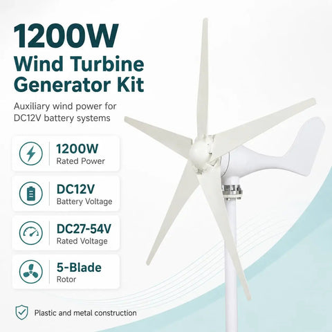 Powerful 1200W Wind Turbine Generator Kit For Home Use With 5 Blade System, DC12V battery support, and plastic-metal build visible