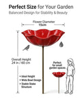 Red metal flower garden stake bird bath with 15cm diameter, 24in height, ideal for small spaces, attracts pollinators.