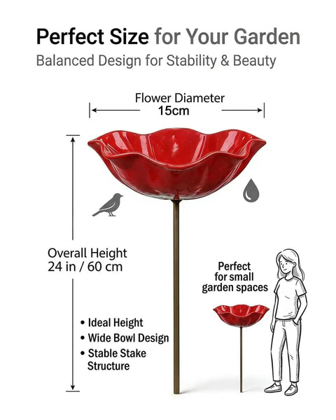 Red metal flower garden stake bird bath with 15cm diameter, 24in height, ideal for small spaces, attracts pollinators.