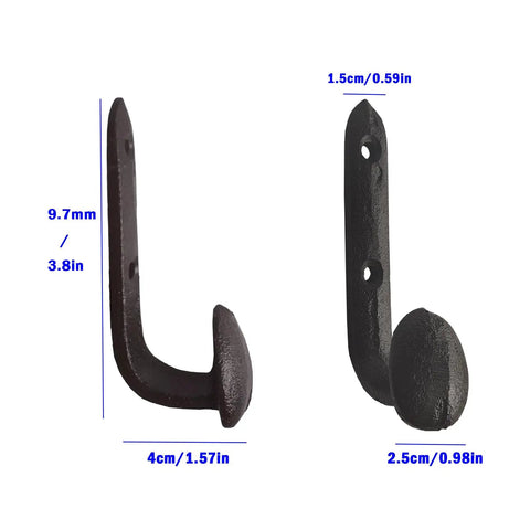 Four Pack Badass Cast Iron Wall Hooks In Rustic Black Vintage Coat Rack Heavy Duty Entryway Storage Organizer With Pre Drilled Screws For Jackets Bags And Everyday Gear close-up showing dimensions and design.