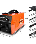 140Amp MIG Welder Flux Core Gasless 110V Inverter With Automatic Wire Feed Portable DIY Metal Welder No Gas Needed Easy Start For Beginners Compact 110 Volt Welding Gun Included shown with dimensions and accessories