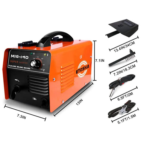 140Amp MIG Welder Flux Core Gasless 110V Inverter With Automatic Wire Feed Portable DIY Metal Welder No Gas Needed Easy Start For Beginners Compact 110 Volt Welding Gun Included shown with dimensions and accessories