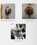 Damaged nuts and bolts on rusted surfaces with a car wheel hub; 13 Piece Impact Bolt And Nut Remover Kit With Nut Extractor Sockets in use