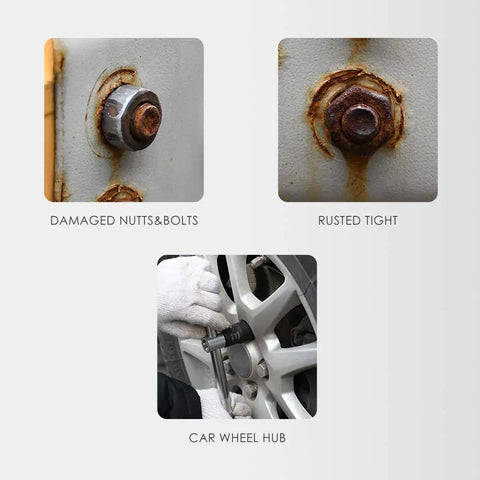 Damaged nuts and bolts on rusted surfaces with a car wheel hub; 13 Piece Impact Bolt And Nut Remover Kit With Nut Extractor Sockets in use