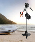 Slick 60 Lb Thrust Transom Mounted Electric Trolling Motor With Eight Speed Settings And Led Battery Display near inflatable boat on beach