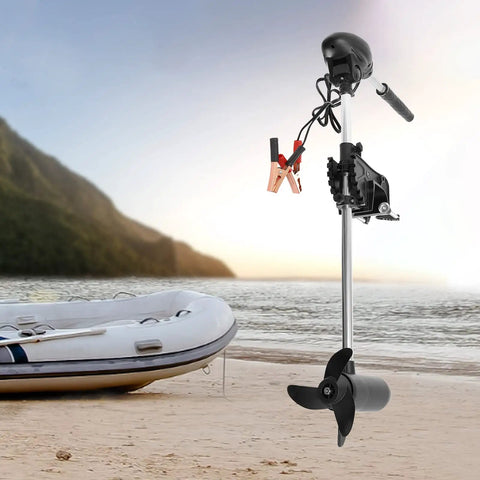 Slick 60 Lb Thrust Transom Mounted Electric Trolling Motor With Eight Speed Settings And Led Battery Display near inflatable boat on beach