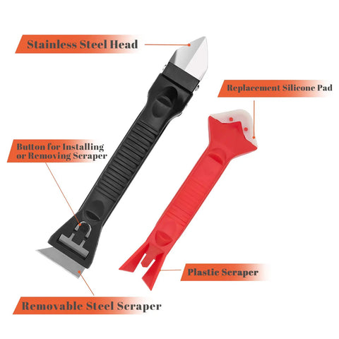 3 In 1 Caulking Tools Kit With Stainless Steel Head Removable Scraper, showing black and red scrapers with silicone pad.