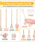 Kids Garden Set With Wheelbarrow And 11 Piece Outdoor Tool Kit For Backyard Beach And STEM Play Kid Sized Shovels Rake Hoe Watering Can Gloves Sand Tool Durable Safe Gift For Ages 2 Plus Boys And Girls Pink, showing tools and wheelbarrow.