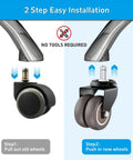 2 step easy installation of 2 Inch Heavy Duty Office Chair Wheels Set Of 5 Gray Rubber Casters For Hardwood Floors And Carpet