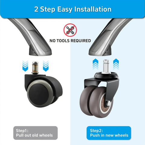 2 step easy installation of 2 Inch Heavy Duty Office Chair Wheels Set Of 5 Gray Rubber Casters For Hardwood Floors And Carpet