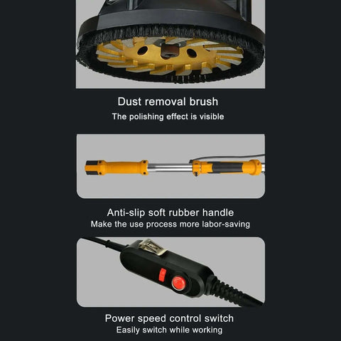 Badass Electric Concrete Surface Planer Angle Grinder 125mm 1600W showing dust removal brush, rubber handle, and power speed switch.