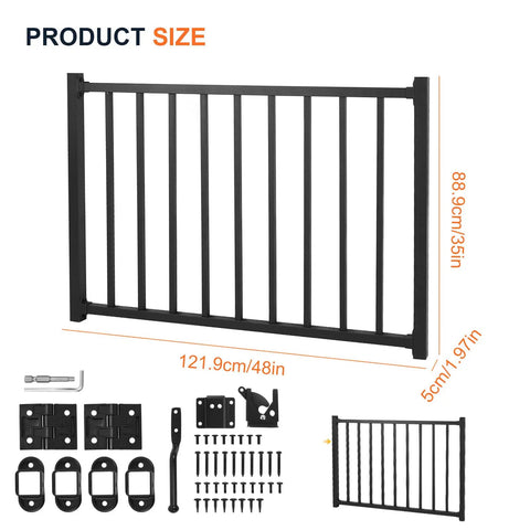 Slick Aluminum Deck Railing Door With No Fuss Self Closing Hinge And Darn Dependable Latch Quick Install Setup Weather Resistant Finish Top Shelf Quality Backyard Gates, 36in wide, black aluminum construction.